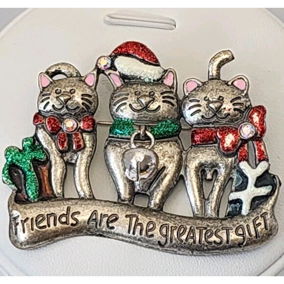 KC Christmas Kitty Cat Brooch 3 Cats "Friends are the Greatest Gift" Vintage - Picture 1 of 7
